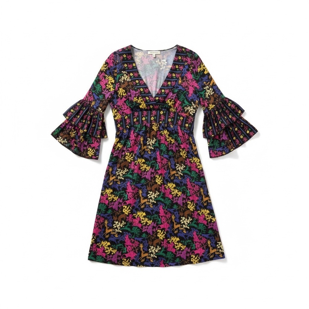 VTG Betsey Johnson Mini Dress Women 2 Black Graphic Jersey Knit Ruffles - Picture 2 of 10